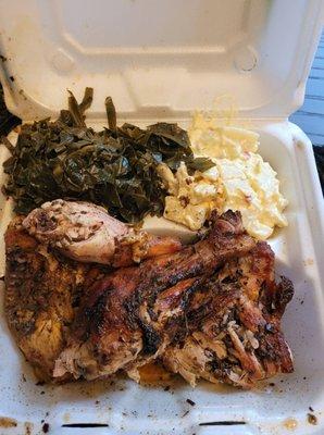 Jerk chicken with collard greens and potato salad