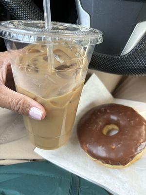 $5.50 iced coffee. $1.85 traditional chocolate. Donut smaller, but the lady is so kind that you can't help but support. $7.35.