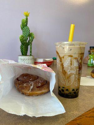 Cinnamon roll and original Milk Tea with Boba. Same dough they make their donuts with, so very soft and yummy.