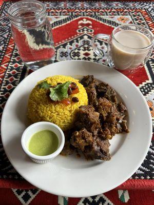 Traditional goat dish and traditional tea