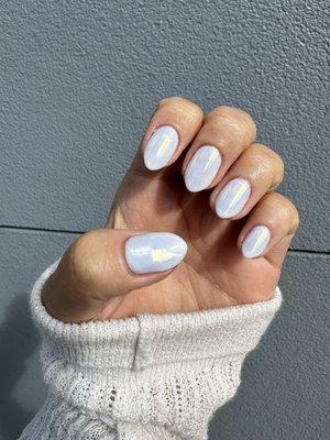 white gel nails with gold chrome powder