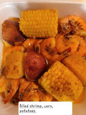 Boiled shrimp, potatoes, corn