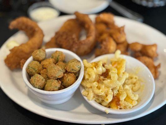 Catfish shrimp okra macaroni'n'cheese