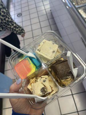 Ice cream flight with superman, cookie dough, sea turtle, and gold rush