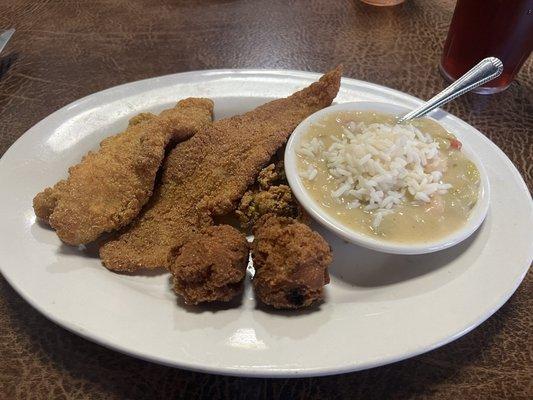 Small 50/50 platter: fried catfish & oysters, hush puppies & lima beans with shrimp