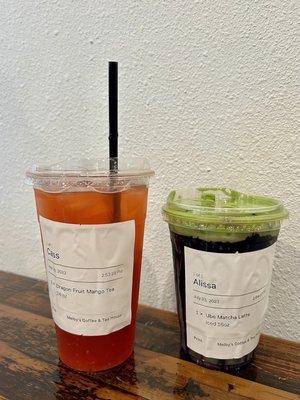 Dragon Fruit Mango Tea ($6.00) & Ube Matcha Latte ($5.65)