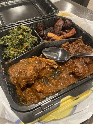 Goat Oxtail Stew with 2 Sides Plantain and 3 Greens