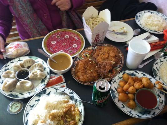 Dumplings, shrimp egg foo young, chicken lo mein, and sweet and sour chicken. Amazing, and great value!