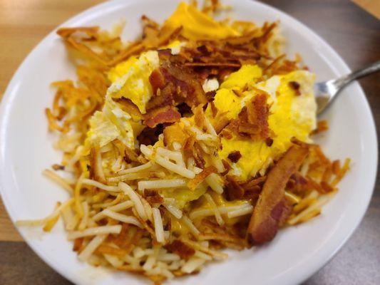 Bacon, egg, & cheese hashbrown bowl.