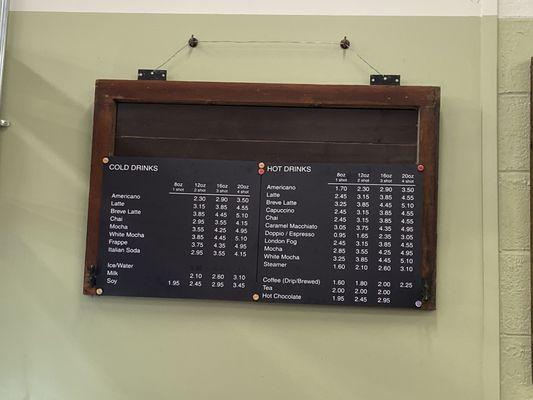 Coffee menu