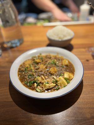 Signature mapo tofu made with egg custard "tofu" and ground beef and pork. Comes with white rice.