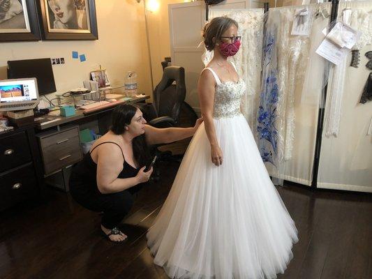 Eteri at Luba's Tailoring during the final fitting! She made sure everything was perfect.