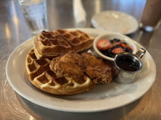 Chicken and waffles. Not hot enough, but perfectly cooked and tasty!