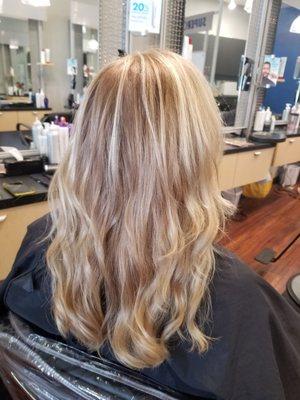 Root Touch Up and Highlights. Layered Haircut. Blowdry/style finish!