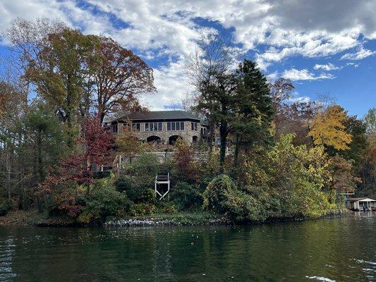 The view of the lodge in a boat