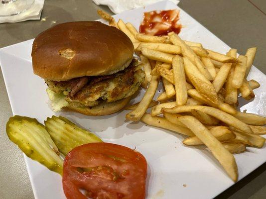 Pretty good crab cake sandwich with fries.