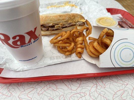 BBC Sandwich, Twisty Fries, and a Chocolate Chip Shake.