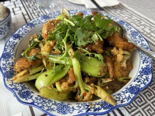 Mala Spicy Pot with fish, bok choy, cauliflower, and shiitake