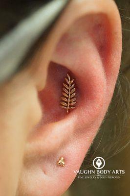 Conch piercing with a 14k Rose Gold Fern.