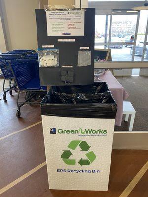 Donate your clean foam containers and ridged packing foam at this Goodwill. Recycling bin located just inside the main entrance doors.