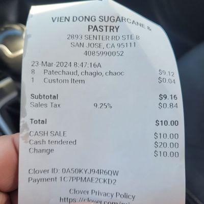 Receipt shows 4 pork pate & 4 eggrolls Comes to $1.14 each quite a savings. Vietnamese iced coffees for $4 is on another receipt.