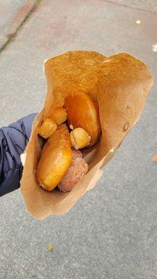 donut holes, custard filled donut, maple bar, cinnamon sugar twist