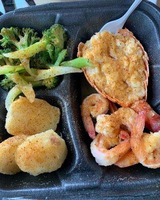 Steamed lobster and shrimp with potatoes and broccoli  I wish I have gotten more shrimp it was good