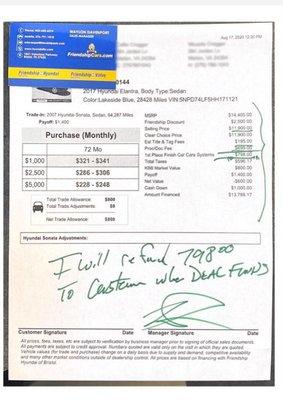 The IOU Mr. Davenport wrote out after he claimed using this document that the paint warranty was part of the cost of the vehicle.