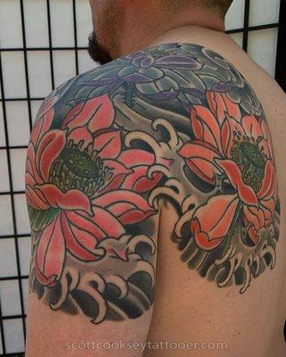 Healed 2+ years, Irezumi Lotus tattoo by @scottcookseytattooer Bold will hold!