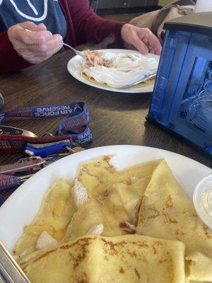 My bbq chicken crepes and my mother in laws sweet strawberry crepes!