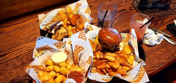 Wisconsin cheese curds, Stacked patty melt, and Smokehouse burger.