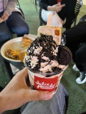 Oreo Cookie Ice cream with a hot waffle on a stick