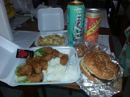 1 Arizona tea, 1 thai tea, french fries, 4 chicken nuggets, 1 deluxe cheeseburger, 1 orange chicken plate. Only $17!!