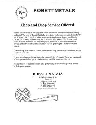 Kobett Metals offers Chop and Drop service for Copper Gutter run-offs.