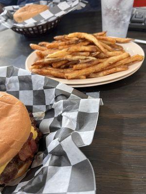 Cheeseburger with bacon and fries