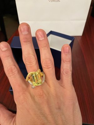 Two tone gold snake gold ring with a emerald-cut yellow Citrine.