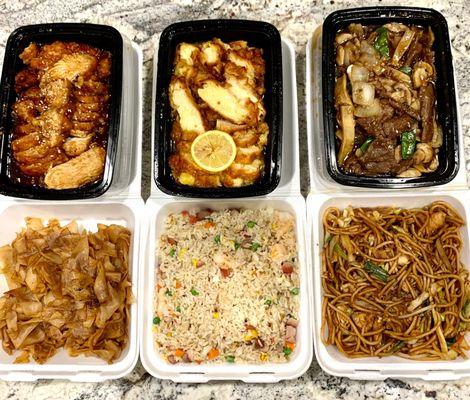 From top left to right: Sesame Chicken, Lemon Chicken, Beef w Mushrooms & Onions, Chow Fun Noodles, Yang Chow Fried Rice, Chicken Lo Mein