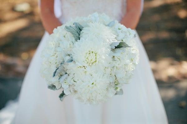 Bridal bouquet of white hydrangea and dahlias.