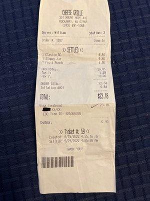 Receipt of overpriced food AND inflation charge !! 9/25/2022