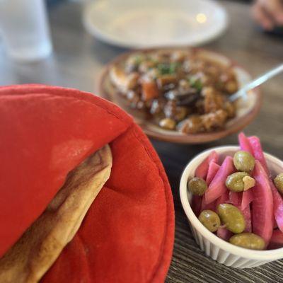 Pickled veggies & Pita (complimentary), Eggplant Musaka appetizer pictured in the back