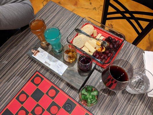 Mead flight with a cider sidecar. We brought our own food. They offered water and came around to re-fill.