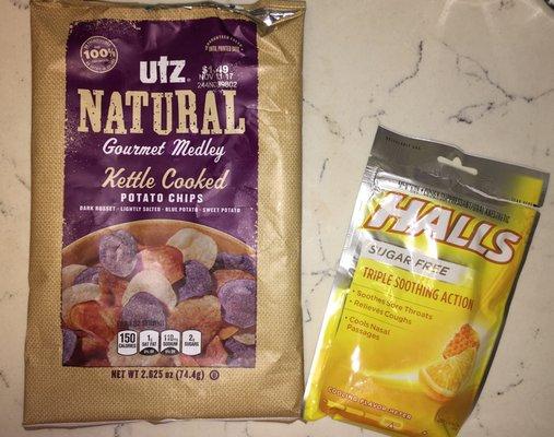 preservative free, artificial color free, kettle cooked potato chips. the sweet potatoes the best. savory & salty sweet & sugar free halls