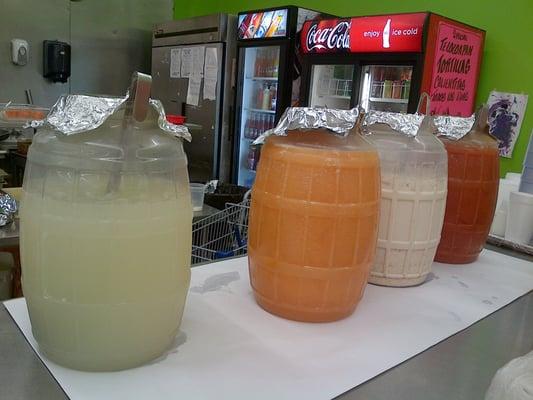 Fresh aguas frescas:  limeade, canteloupe, horchata and papaya