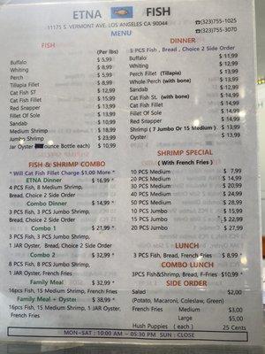 Menu w/ updated prices as of: 1/24/2022