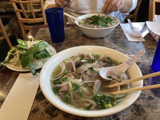 Pho w rare steak, brisket, and meatballs