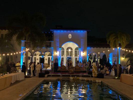 Outdoor Uplighting provided by Atlarge Sound at the Bella Mansion in Miami Florida