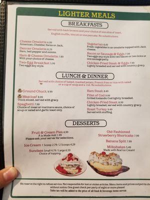 Lighter meals menu