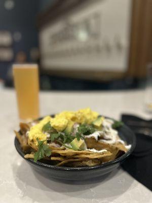 Chilaquiles verdes and guava seltzer