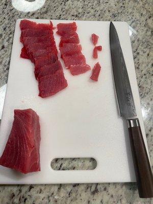 Cutting some of T's fresh tuna for sashimi