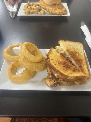 Bourbon chicken melt and onion rings